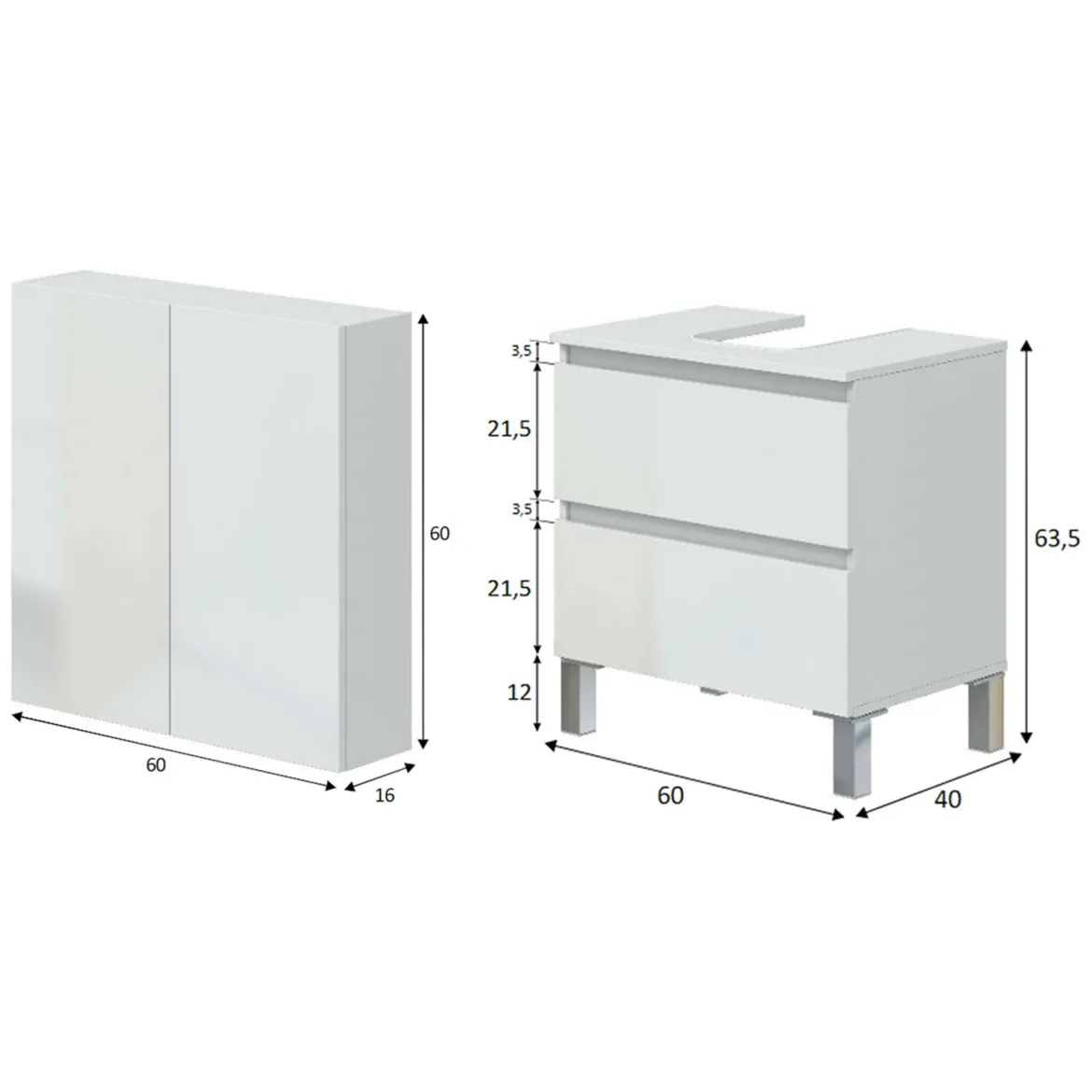Set Mobili Bagno Bianco Lucido 2 Cassetti 2 Ripiani, 2 Ante - Capizzi