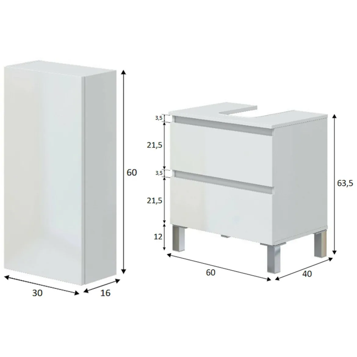 Set Mobili Bagno Bianco Lucido 2 Cassetti 3 Ripiani, 4 Ante - Capurso