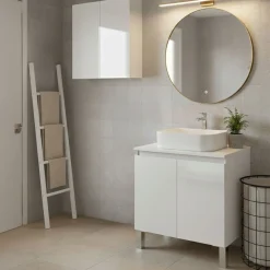 Set Mobili Bagno Bianco Lucido 3 Ripiani 4 Ante, 5 Vani - Gravina