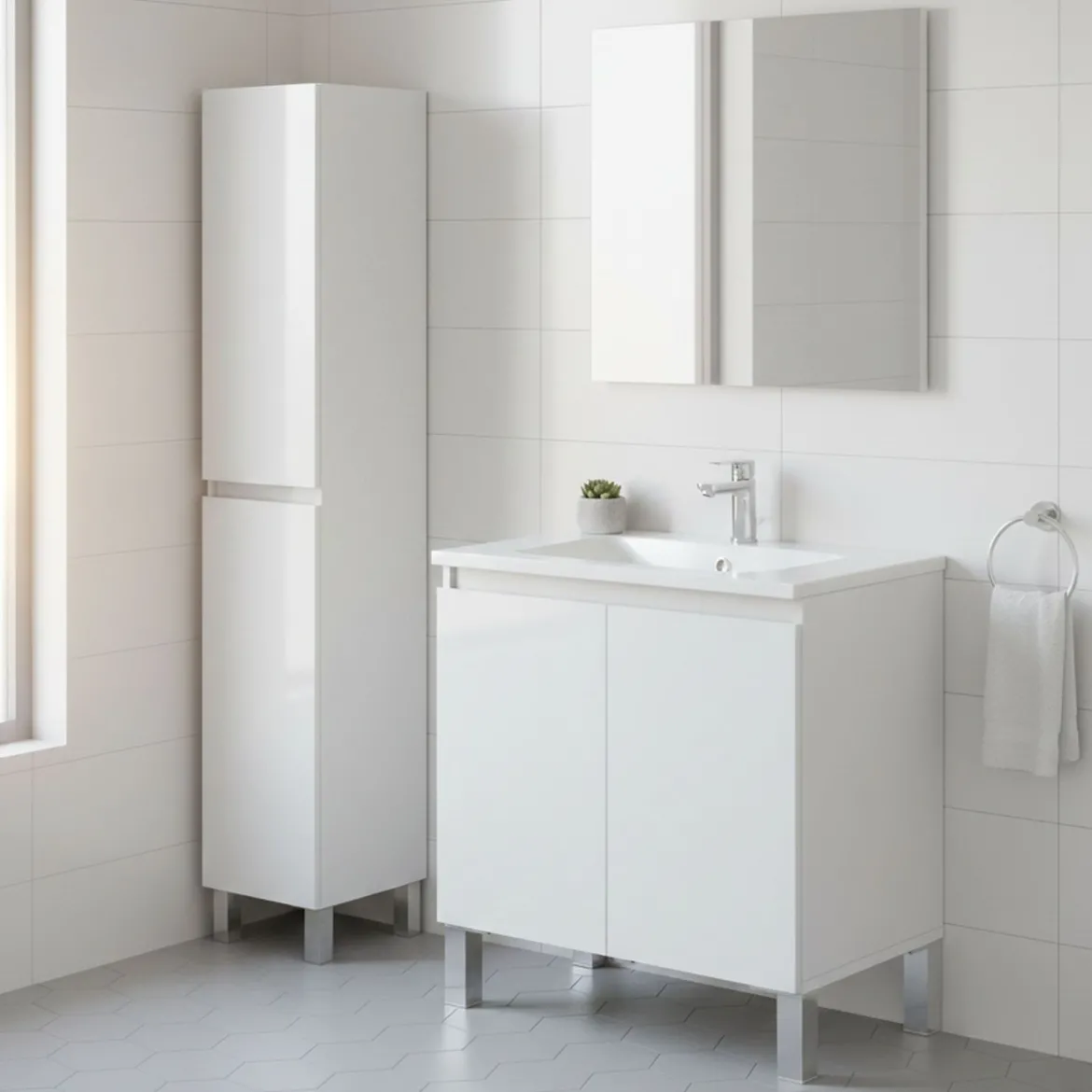 Set Mobili Bagno Bianco Lucido Specchio Incluso 2 Cassetti, 2 Ripiani - Gaiola