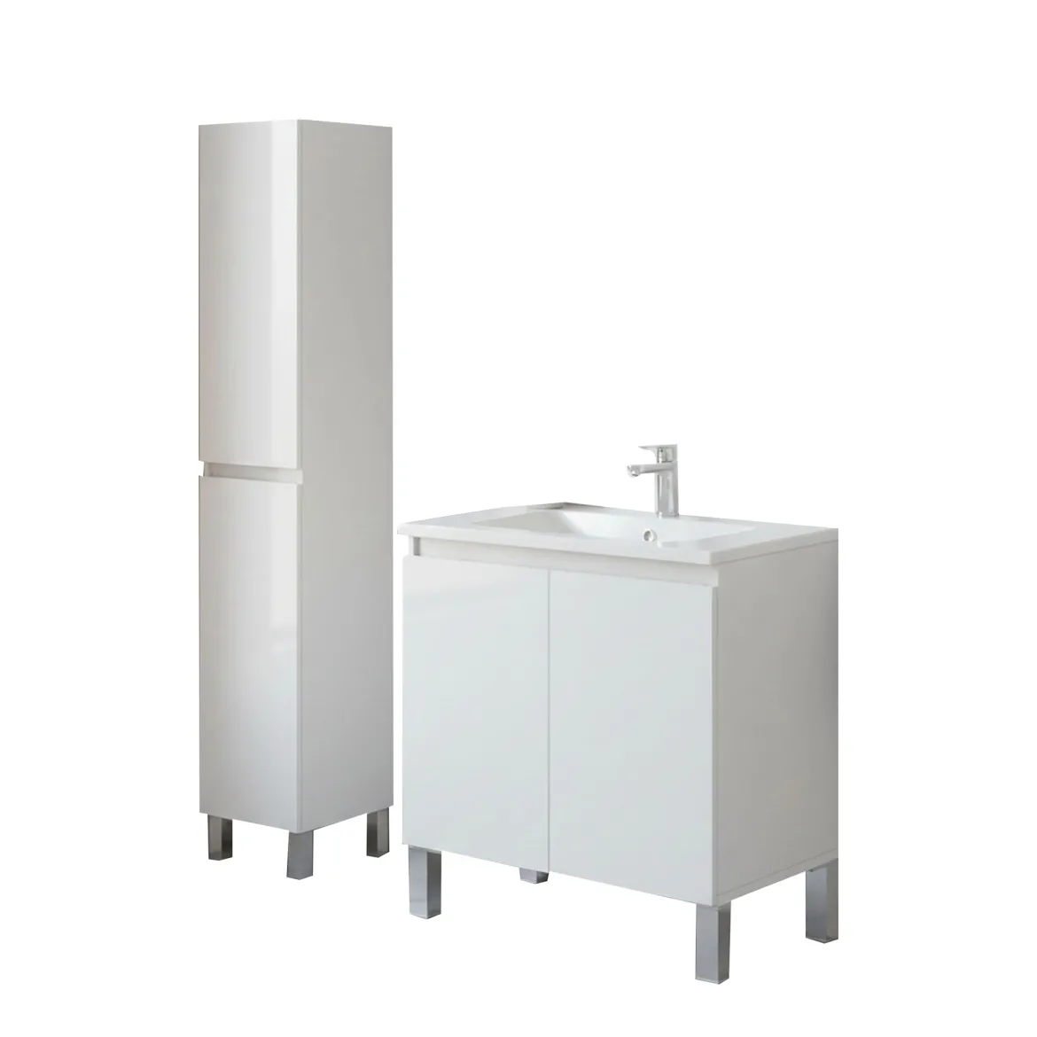 Set Mobili Bagno Bianco Lucido Specchio Incluso 2 Cassetti, 2 Ripiani - Gaiola