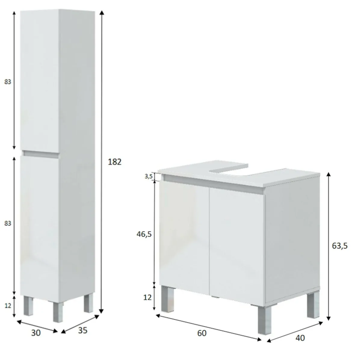 Set Mobili Bagno Bianco Lucido Specchio Incluso 2 Cassetti, 2 Ripiani - Gaiola