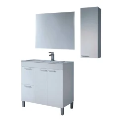 Set Mobili Bagno Bianco Lucido Specchio Incluso 2 Cassetti, 2 Ripiani - Plassas