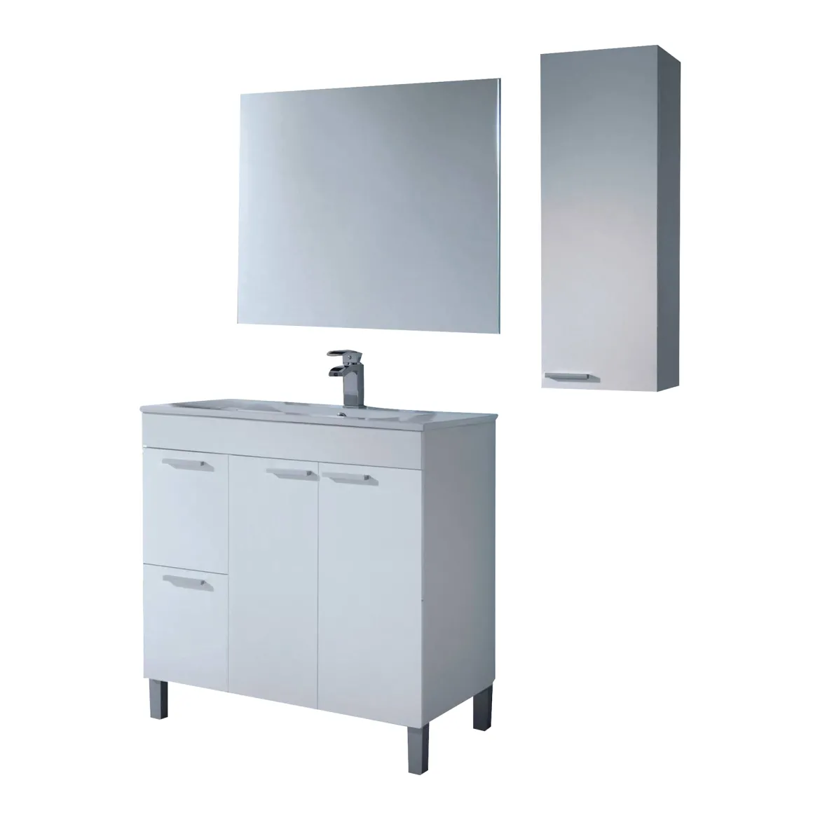 Set Mobili Bagno Bianco Lucido Specchio Incluso 2 Cassetti, 2 Ripiani - Plassas