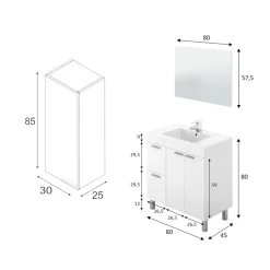 Set Mobili Bagno Bianco Lucido Specchio Incluso 2 Cassetti, 2 Ripiani - Plassas