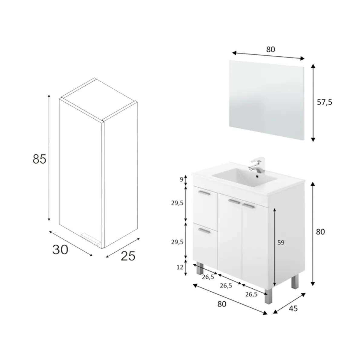 Set Mobili Bagno Bianco Lucido Specchio Incluso 2 Cassetti, 2 Ripiani - Plassas