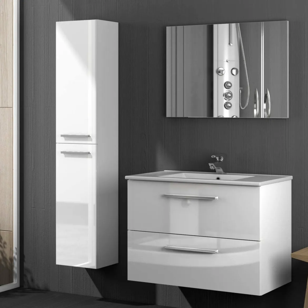 Set Mobili Bagno Bianco Lucido Specchio Incluso 2 Cassetti, 2 Ripiani - Ricadi