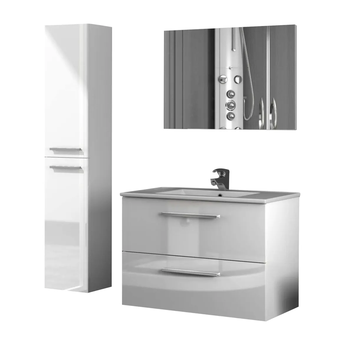 Set Mobili Bagno Bianco Lucido Specchio Incluso 2 Cassetti, 2 Ripiani - Ricadi