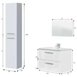 Set Mobili Bagno Bianco Lucido Specchio Incluso 2 Cassetti, 2 Ripiani - Ricadi