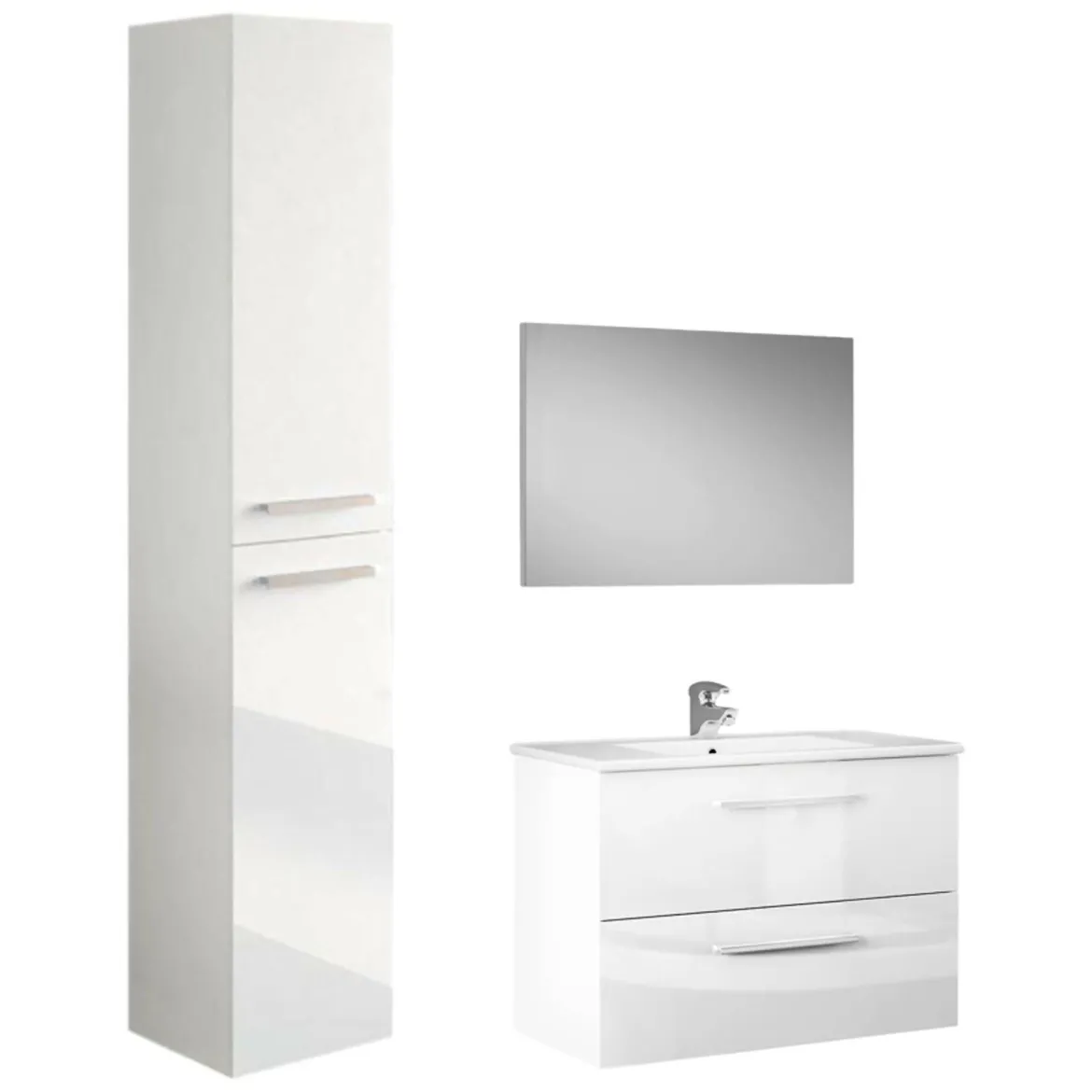 Set Mobili Bagno Bianco Lucido Specchio Incluso 2 Cassetti, 2 Ripiani - Ricadi