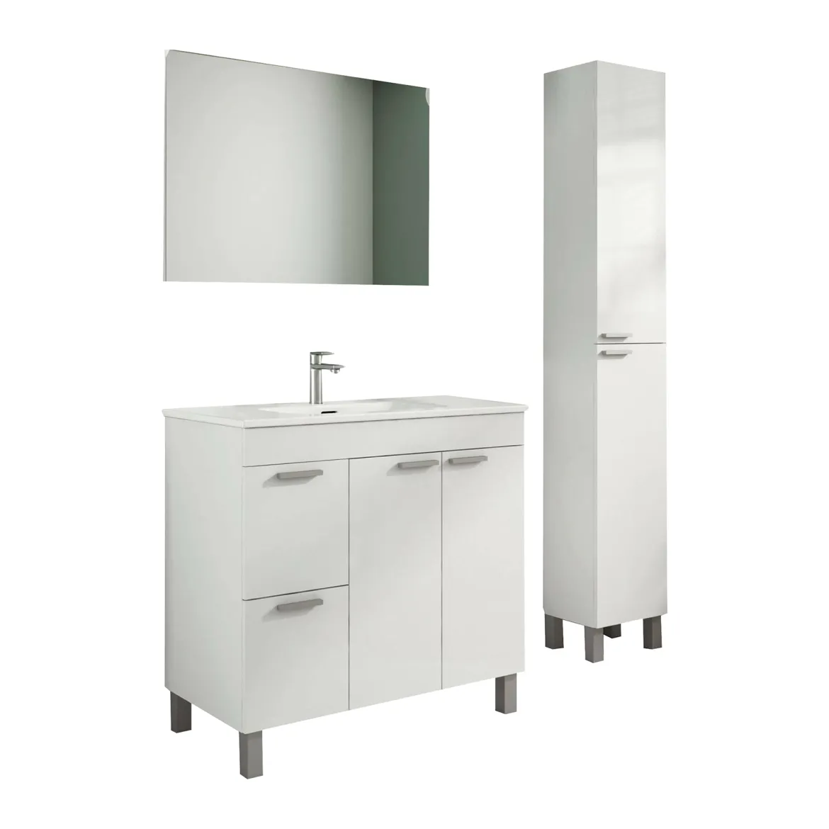 Set Mobili Bagno Bianco Lucido Specchio Incluso 2 Cassetti, 3 Ripiani - Liona