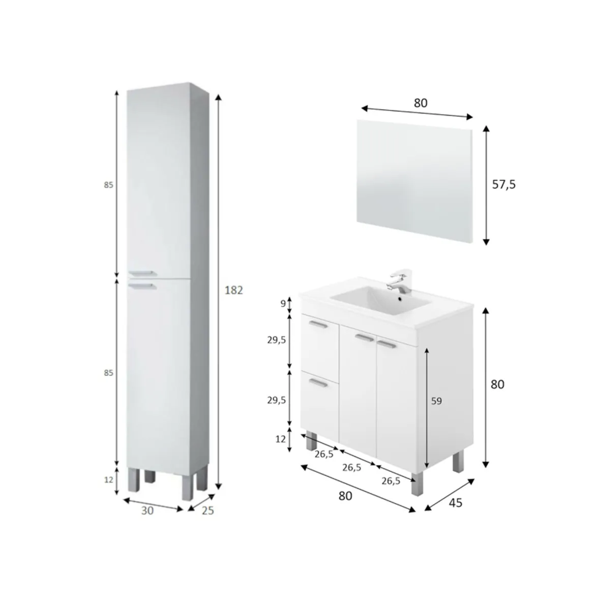 Set Mobili Bagno Bianco Lucido Specchio Incluso 2 Cassetti, 3 Ripiani - Liona