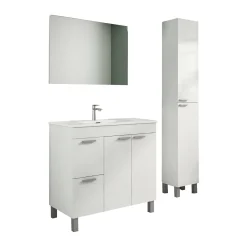 Set Mobili Bagno Bianco Lucido Specchio Incluso 2 Cassetti, 3 Ripiani - Liona