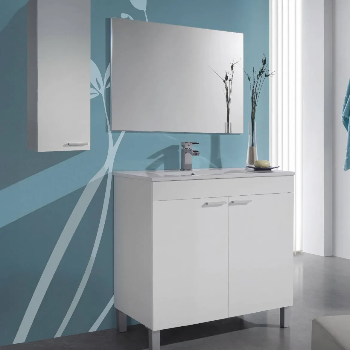 Set Mobili Bagno Bianco Lucido Specchio Incluso 2 Ripiani, 4 Ante - Dossena