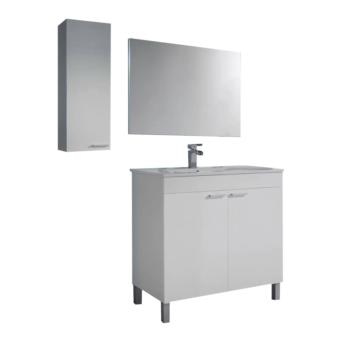 Set Mobili Bagno Bianco Lucido Specchio Incluso 2 Ripiani, 4 Ante - Dossena