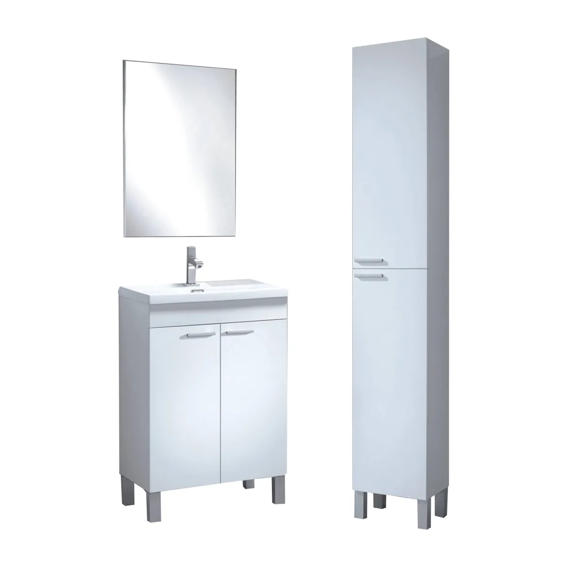 Set Mobili Bagno Bianco Lucido Specchio Incluso 3 Cassetti, 2 Ripiani - Sesto