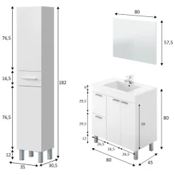 Set Mobili Bagno Bianco Lucido Specchio Incluso 3 Cassetti, 3 Ripiani - Lomello