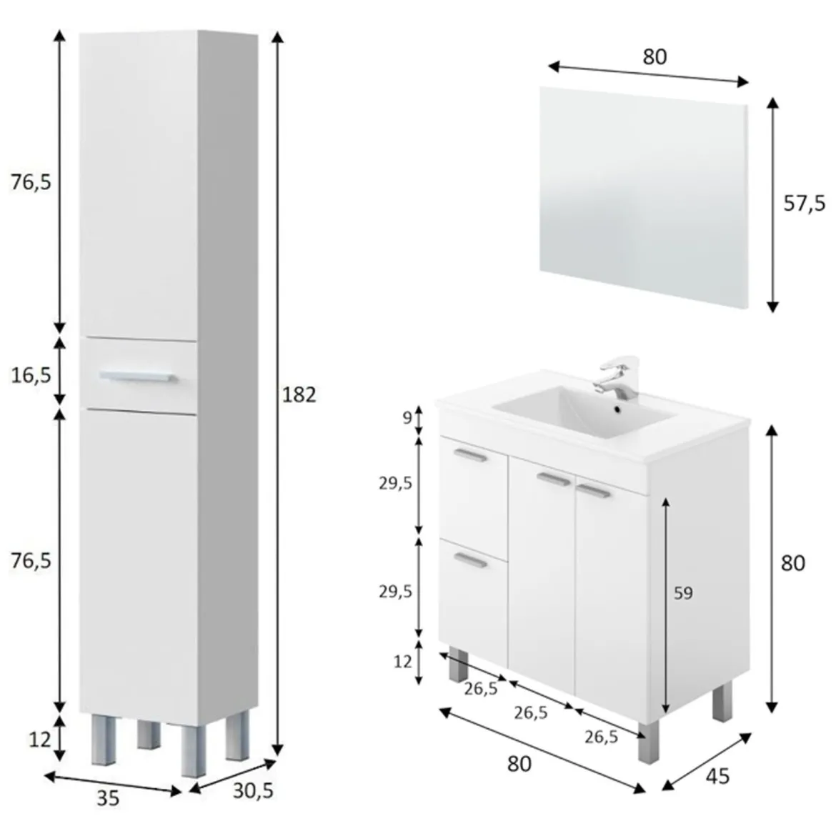 Set Mobili Bagno Bianco Lucido Specchio Incluso 3 Cassetti, 3 Ripiani - Lomello