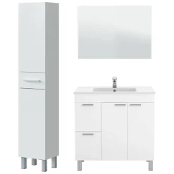 Set Mobili Bagno Bianco Lucido Specchio Incluso 3 Cassetti, 3 Ripiani - Lomello