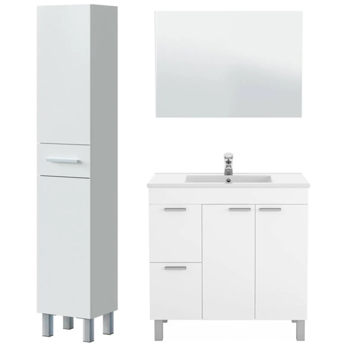 Set Mobili Bagno Bianco Lucido Specchio Incluso 3 Cassetti, 3 Ripiani - Lomello