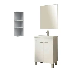 Set Mobili Bagno Bianco Lucido Specchio Incluso 3 Ripiani, 2 Ante - Furtei