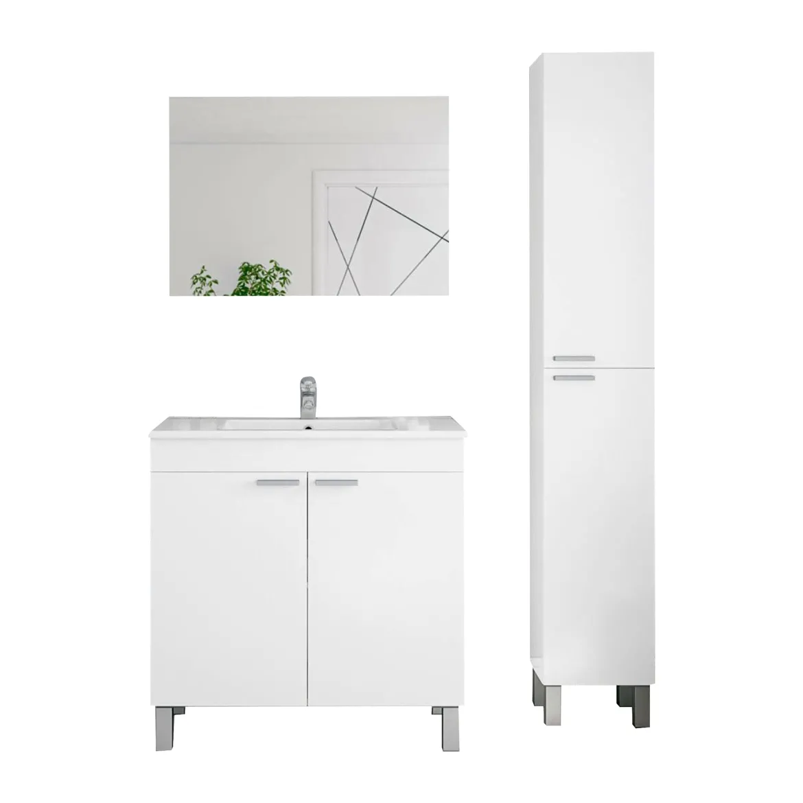 Set Mobili Bagno Bianco Lucido Specchio Incluso 3 Ripiani, 4 Ante - Varzo