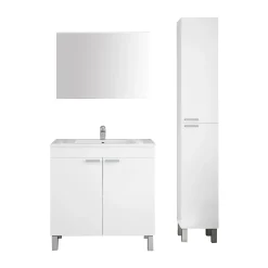 Set Mobili Bagno Bianco Lucido Specchio Incluso 3 Ripiani, 4 Ante - Varzo