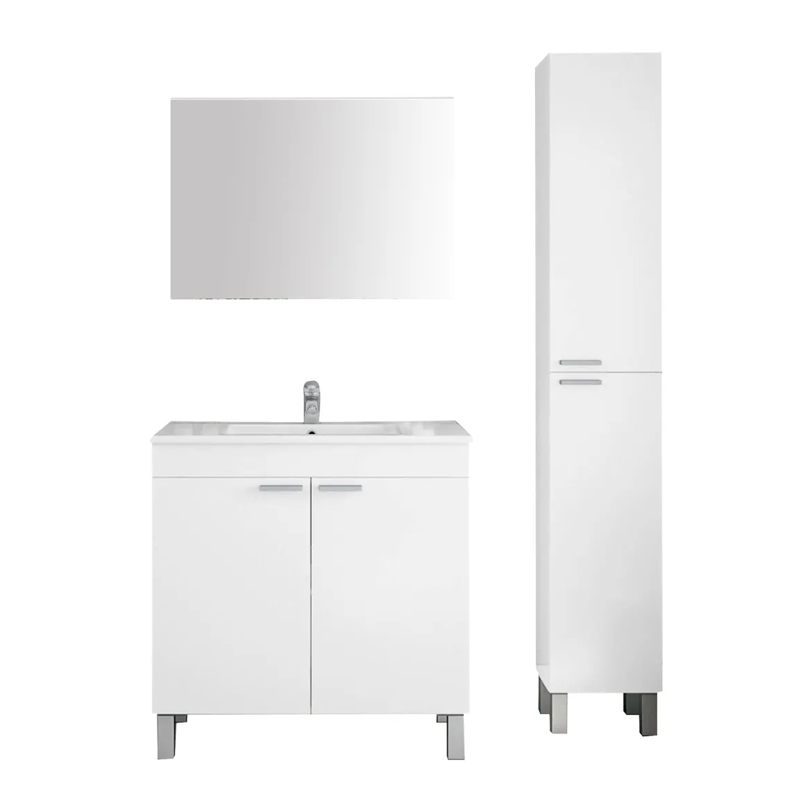 Set Mobili Bagno Bianco Lucido Specchio Incluso 3 Ripiani, 4 Ante - Varzo
