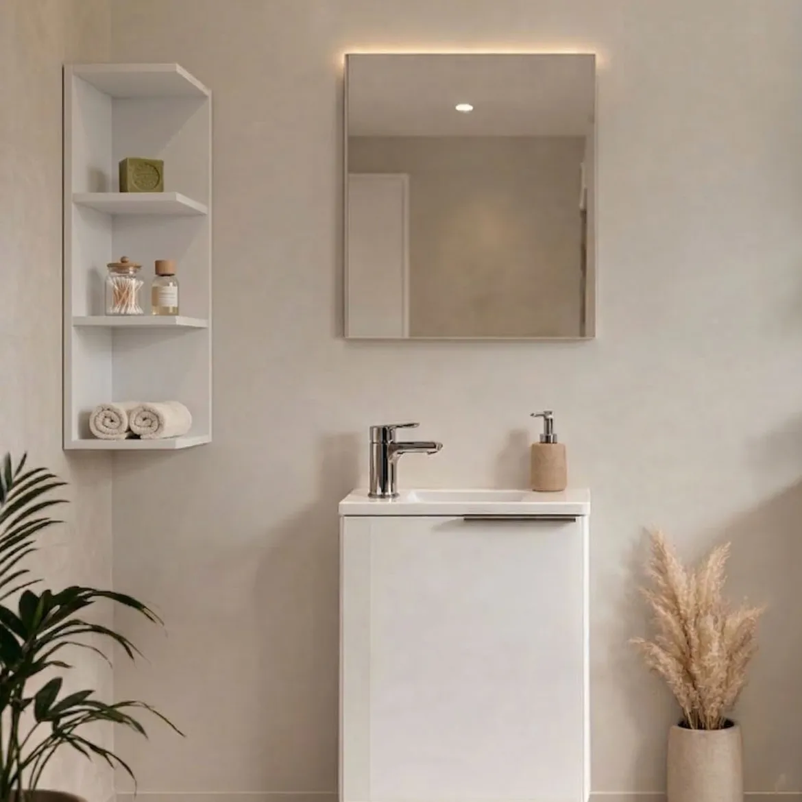 Set Mobili Bagno Bianco Lucido Specchio Incluso 4 Cassetti, 2 Ripiani - Florinas