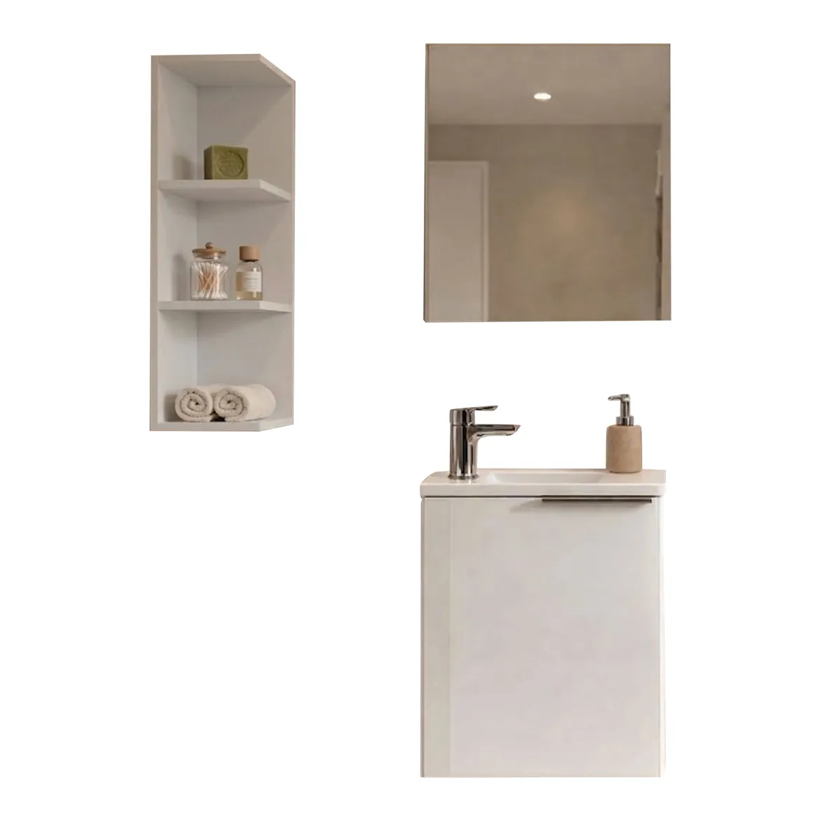 Set Mobili Bagno Bianco Lucido Specchio Incluso 4 Cassetti, 2 Ripiani - Florinas