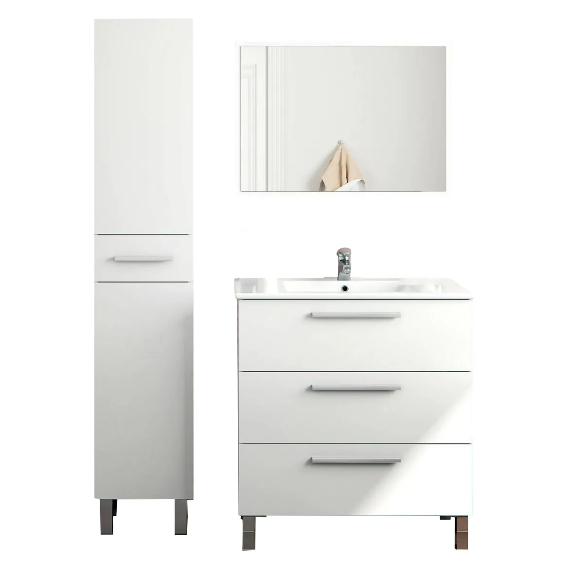 Set Mobili Bagno Bianco Lucido Specchio Incluso 4 Cassetti, 2 Ripiani - Florinas