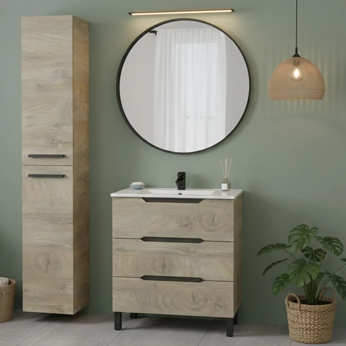 Set Mobili Bagno Marrone Quercia 3 Cassetti 2 Ripiani, 2 Ante - Sortino