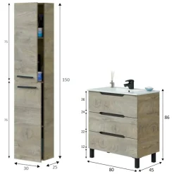 Set Mobili Bagno Marrone Quercia 3 Cassetti 2 Ripiani, 2 Ante - Sortino