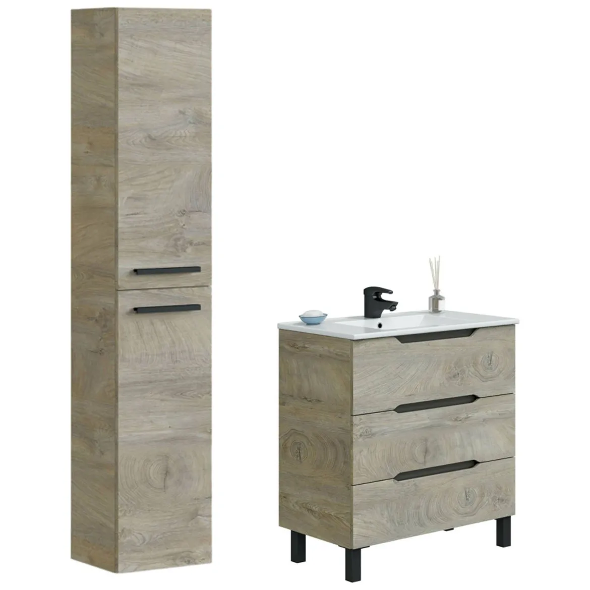 Set Mobili Bagno Marrone Quercia 3 Cassetti 2 Ripiani, 2 Ante - Sortino