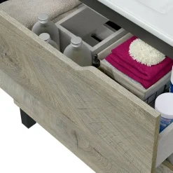 Set Mobili Bagno Marrone Quercia Specchio Incluso 2 Cassetti, 2 Ripiani - Moncalvo