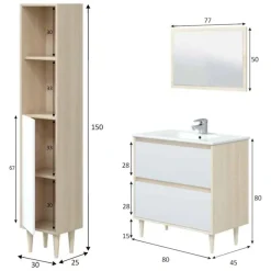 Set Mobili Bagno Marrone Rovere Bianco Lucido Specchio Incluso 2 Cassetti, 2 Ripiani - Renon