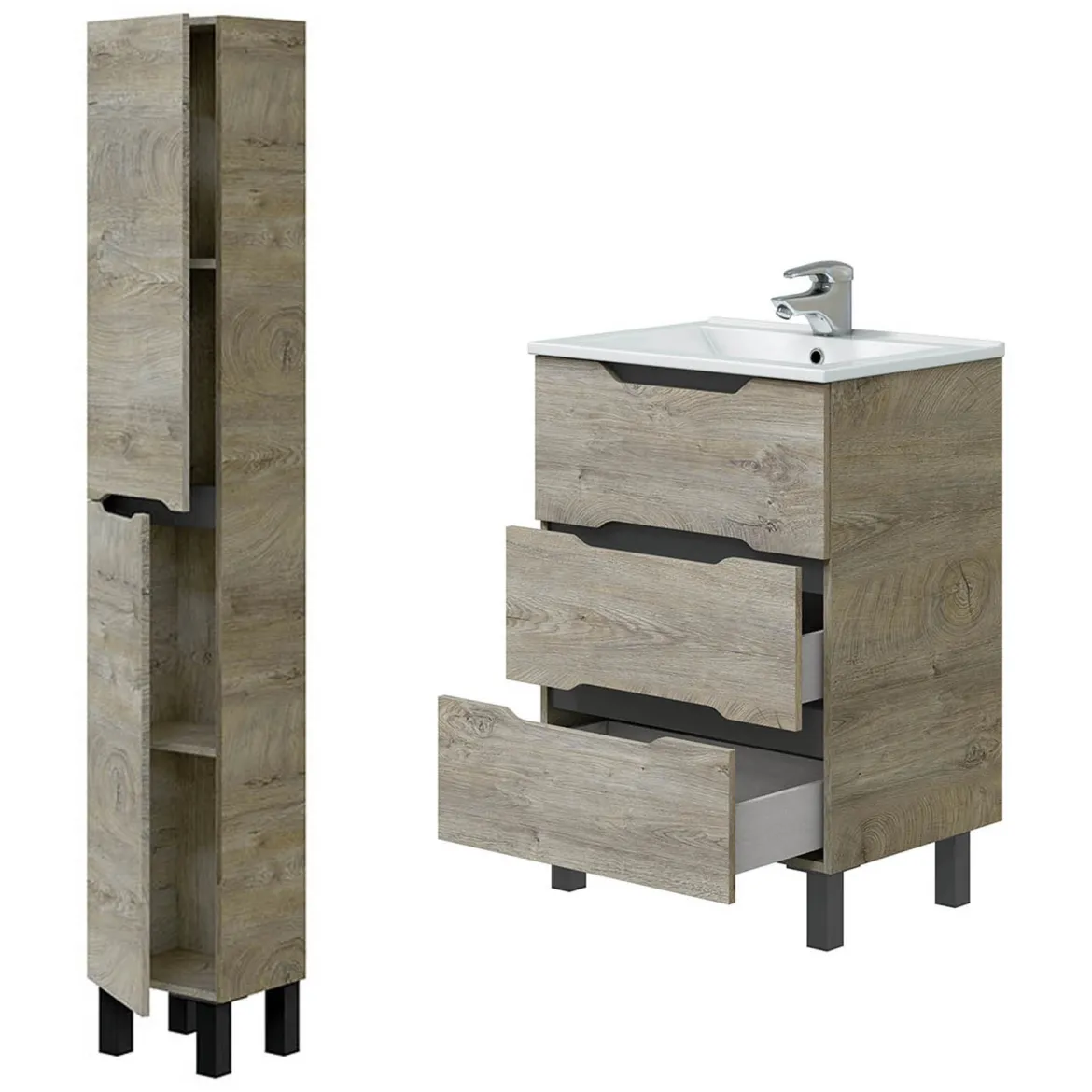 Set Mobili Bagno Marrone Rovere Grigio Nero Antracite 3 Cassetti 3 Ripiani, 2 Ante - Caleta