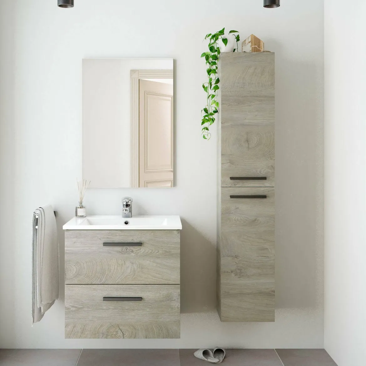 Set Mobili Bagno Marrone Rovere Specchio Incluso 2 Cassetti, 2 Ripiani - Somaglia