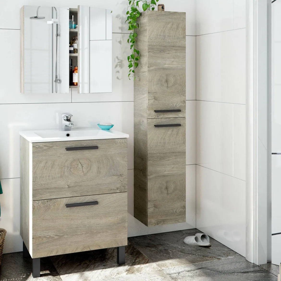 Set Mobili Bagno Marrone Rovere Specchio Incluso 2 Cassetti, 2 Ripiani - Somaglia