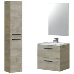Set Mobili Bagno Marrone Rovere Specchio Incluso 2 Cassetti, 2 Ripiani - Somaglia