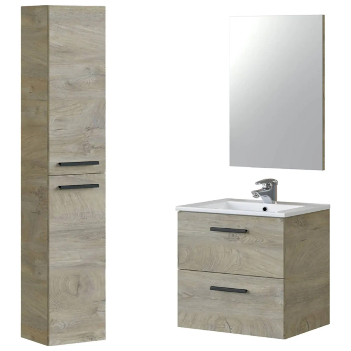 Set Mobili Bagno Marrone Rovere Specchio Incluso 2 Cassetti, 2 Ripiani - Somaglia