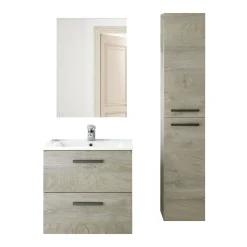 Set Mobili Bagno Marrone Rovere Specchio Incluso 2 Cassetti, 2 Ripiani - Martesana