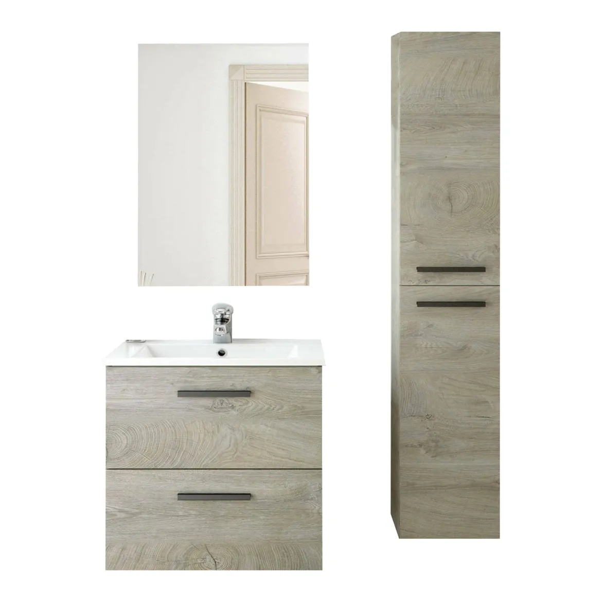 Set Mobili Bagno Marrone Rovere Specchio Incluso 2 Cassetti, 2 Ripiani - Martesana