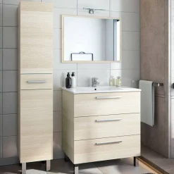 Set Mobili Bagno Marrone Rovere Specchio Incluso 8 Ripiani, 3 Ante - Sorico