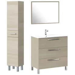 Set Mobili Bagno Marrone Rovere Specchio Incluso 8 Ripiani, 3 Ante - Sorico