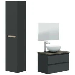 Set Mobili Bagno Nero Antracite Marrone Specchio Incluso 2 Cassetti, 2 Ripiani - Tauro