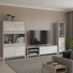 Set Mobili da Soggiorno Beige Chiaro Modulabile 7 Ripiani, 7 Ante - Nibionno