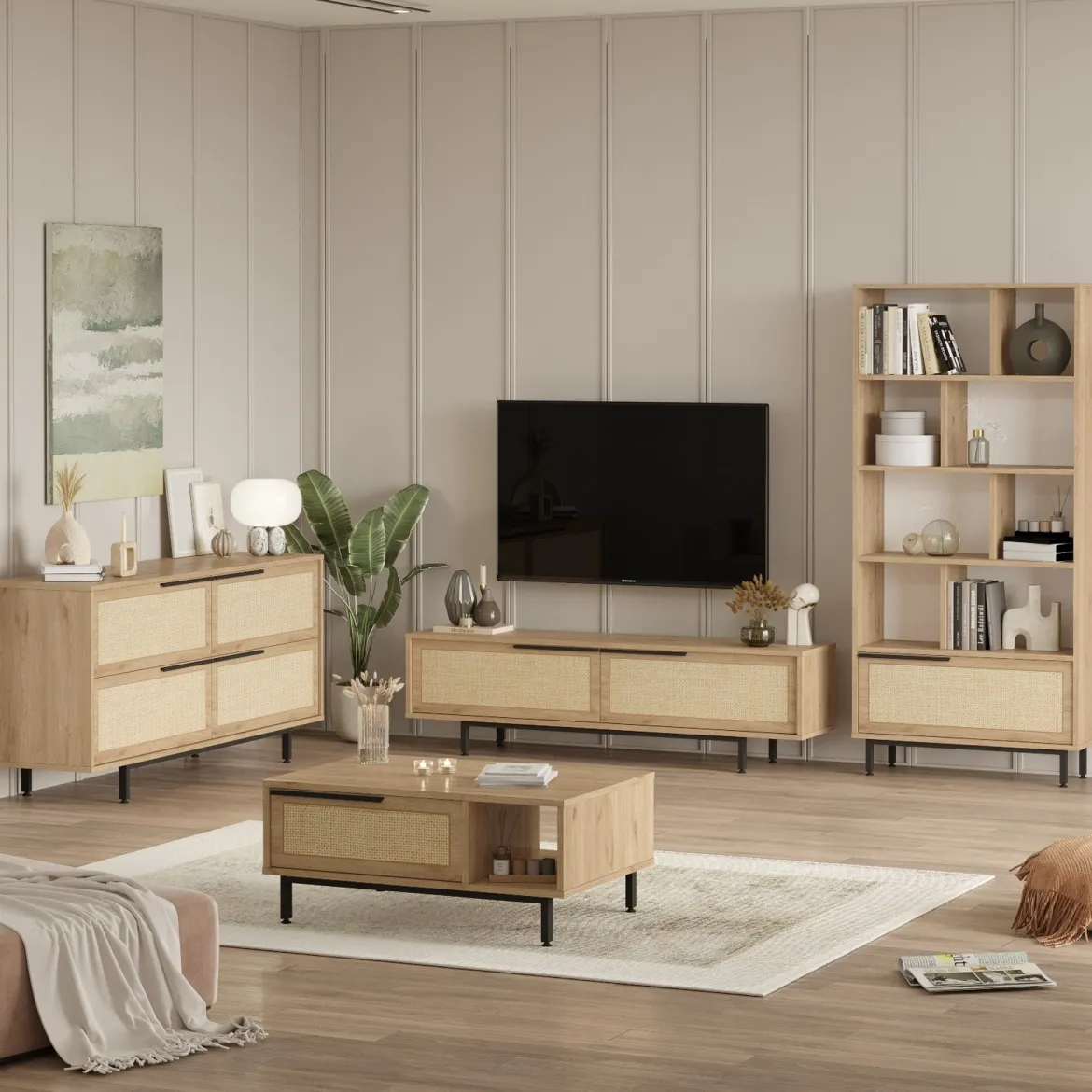 Set Mobili da Soggiorno Beige Marrone Rovere Modulabile 8 Ripiani, 7 Ante - Odolo