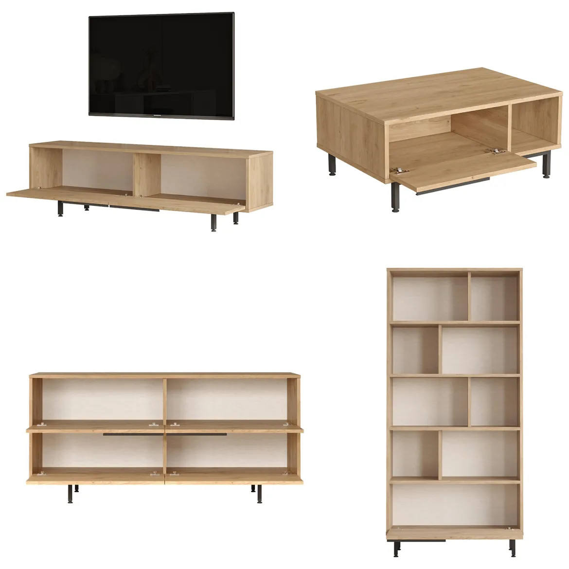 Set Mobili da Soggiorno Beige Marrone Rovere Modulabile 8 Ripiani, 7 Ante - Odolo
