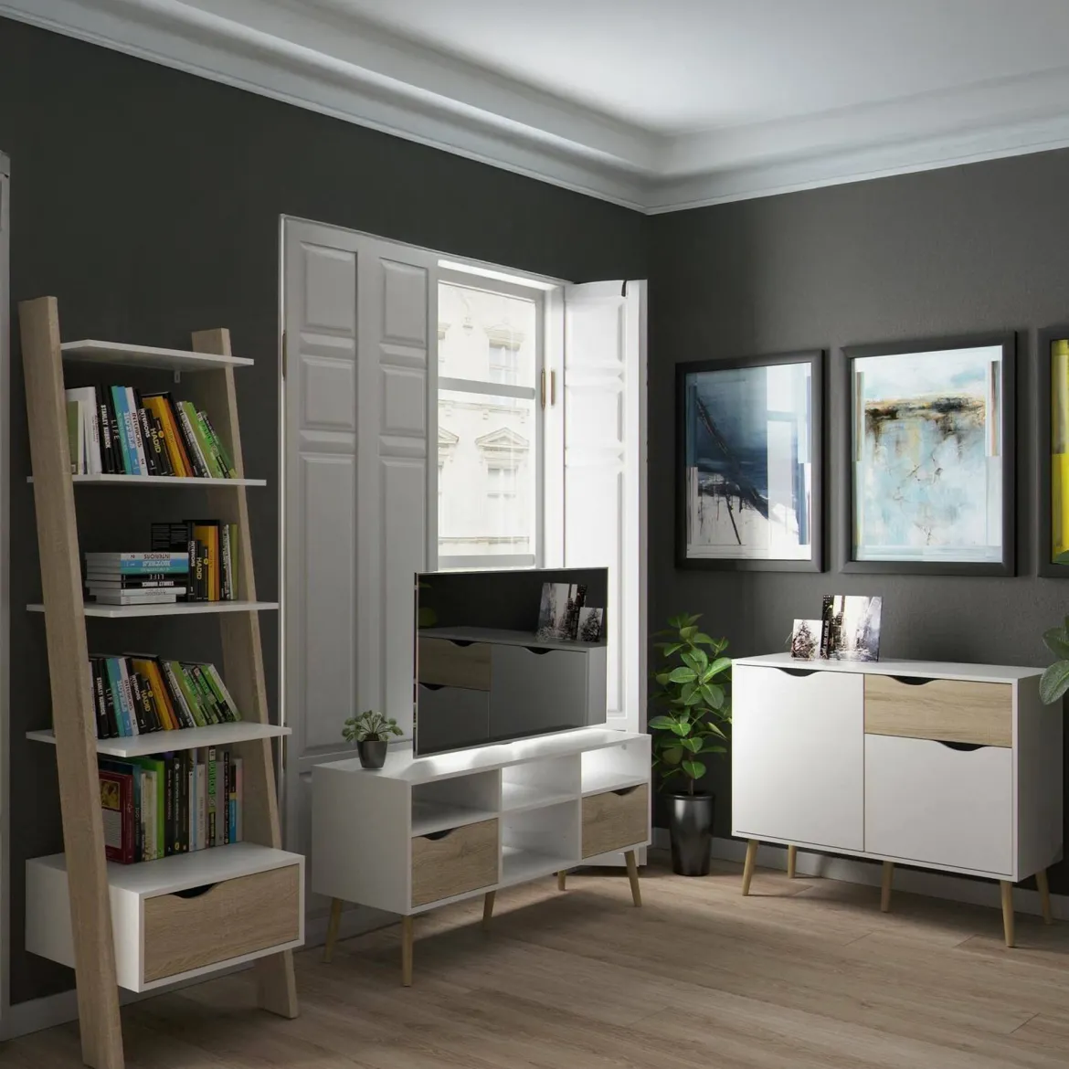 Set Mobili da Soggiorno Bianco Marrone Rovere Nodi Cassetti Modulabile, 5 Ripiani - Walla